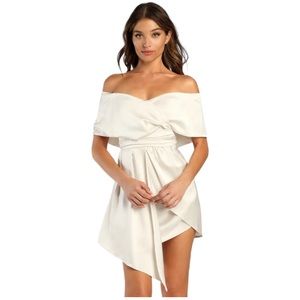Lulu's Always Celebrating Ivory Satin Off The Shoulder Mini Dress